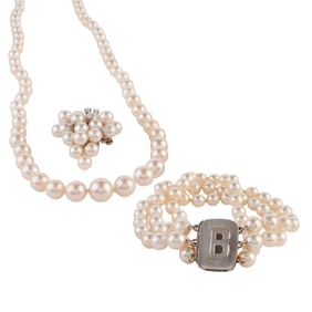 Cultured Pearl, Diamond, Platinum, 14k White Gold Jewelry Suite