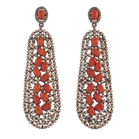 *Pair of Red Coral, Diamond, Oxidized Silver Earrings