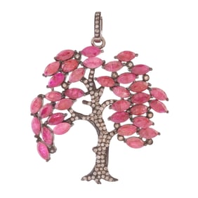 Ruby, Diamond, Oxidized Silver Tree Pendant