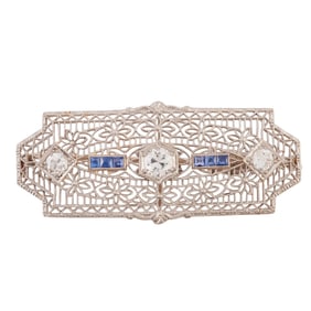 Art Deco Diamond, Sapphire, 14k White Gold Brooch