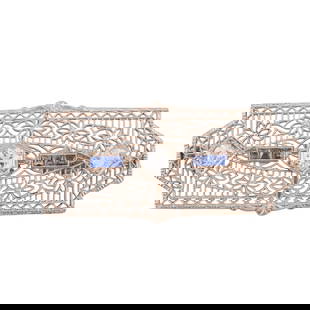 Art Deco Diamond, Sapphire, 14k White Gold Brooch: Art Deco Diamond, Sapphire, 14k White Gold Brooch. Featuring three old round-cut diamonds weighing a total of approximately 0.75 cttw., accented by six calibre-cut sapphires, set in a 14k white gold f
