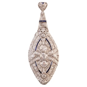 Art Deco Diamond, Blue Glass, Platinum Pendant Brooch