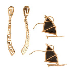 Two Pairs of Black Onyx, 14k Yellow Gold Earrings