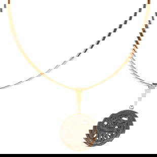 South American Hardstone, 14k Yellow Gold Pendant Necklace: South American Hardstone, 14k Yellow Gold Pendant Necklace. Featuring one circular carved hardstone pendant depicting a bird and measuring approximately 31 mm, set in a 14k yellow gold mounting, suspe