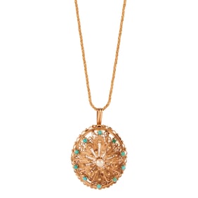 Cultured Pearl, Turquoise, 14k Yellow Gold Pendant Brooch Necklace