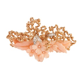*Coral, Diamond, 14k Yellow Gold Brooch
