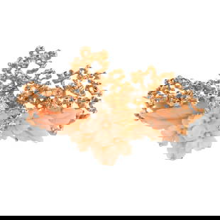 *Coral, Diamond, 14k Yellow Gold Brooch: *Coral, Diamond, 14k Yellow Gold Brooch. Featuring carved coral depicting flowers and leaves, accented by nine full-cut and single-cut diamonds weighing a total of approximately 0.18 cttw., set in a 1