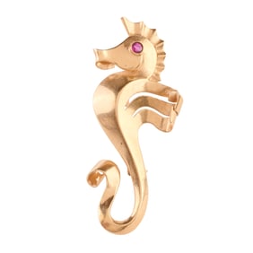 Retro Mauboussin Ruby, 14k Yellow Gold Seahorse Brooch