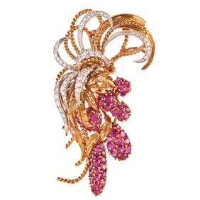 Crnata Ruby, Diamond, 18k Yellow Gold Raspberry Brooch