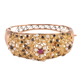 Ruby, Sapphire, Cultured Pearl, 14k Gold Bracelet