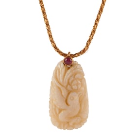 Carved Opal, Ruby, 14k Yellow Gold Pendant Necklace