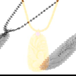 Carved Opal, Ruby, 14k Yellow Gold Pendant Necklace: Carved Opal, Ruby, 14k Yellow Gold Pendant Necklace. Featuring one carved and pierced opal pendant measuring approximately 31 x 17 mm, depicting a bird with flowers, accented by one round shaped ruby