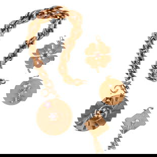 Multi-Stone, 14k Yellow Gold Charm Bracelet with Loose Charms: Multi-Stone, 14k Yellow Gold Charm Bracelet with Loose Charms. The 14k yellow and rose gold graduated rope link measuring approximately 12 mm to 7 mm, forming an 8 inch bracelet with a ruby, emerald,