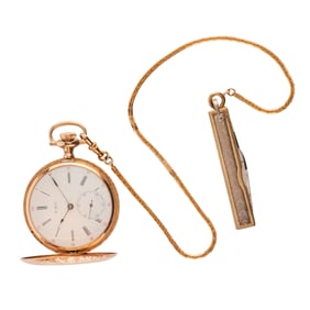 14k Yellow Gold Pocket Watch with Gold-Filled Chain and Knife