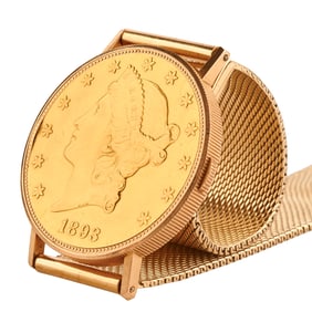 Yellow Gold Coin Motif Covered Wristwatch