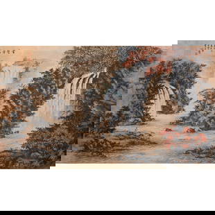 Attributed to Huang Junbi (1898-1991), Landscape: Ink and color on paper, dated 1971, signed with artist name and two artist seals. ;{Panel 37x 64(94 cm x 162 1/2 cm)}.