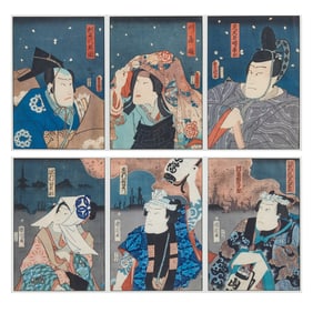 Ichiosai Kunichika and Kunisada Toyokuni, Two Triptychs of Three Woodblock Prints of Actors
