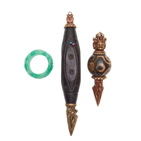 Chinese Dzi Pendants and Jade Ring