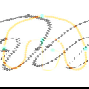 Chinese Mandarin Amber, Green Glass Court Necklace: Comprising small amber beads evenly separated by four big circular;green beads connected to a green tassel.