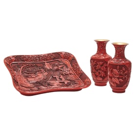 Three Chinese Cinnabar Vessels