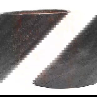 Large Chinese Agarwood Brushpot: In a cylindrical shape with natural dark brown tone and texture, the body incised with two vertical lines of calligraphy in official scripts with a maker's seal. ;{14 1/4high x 13diameter (36 cm x