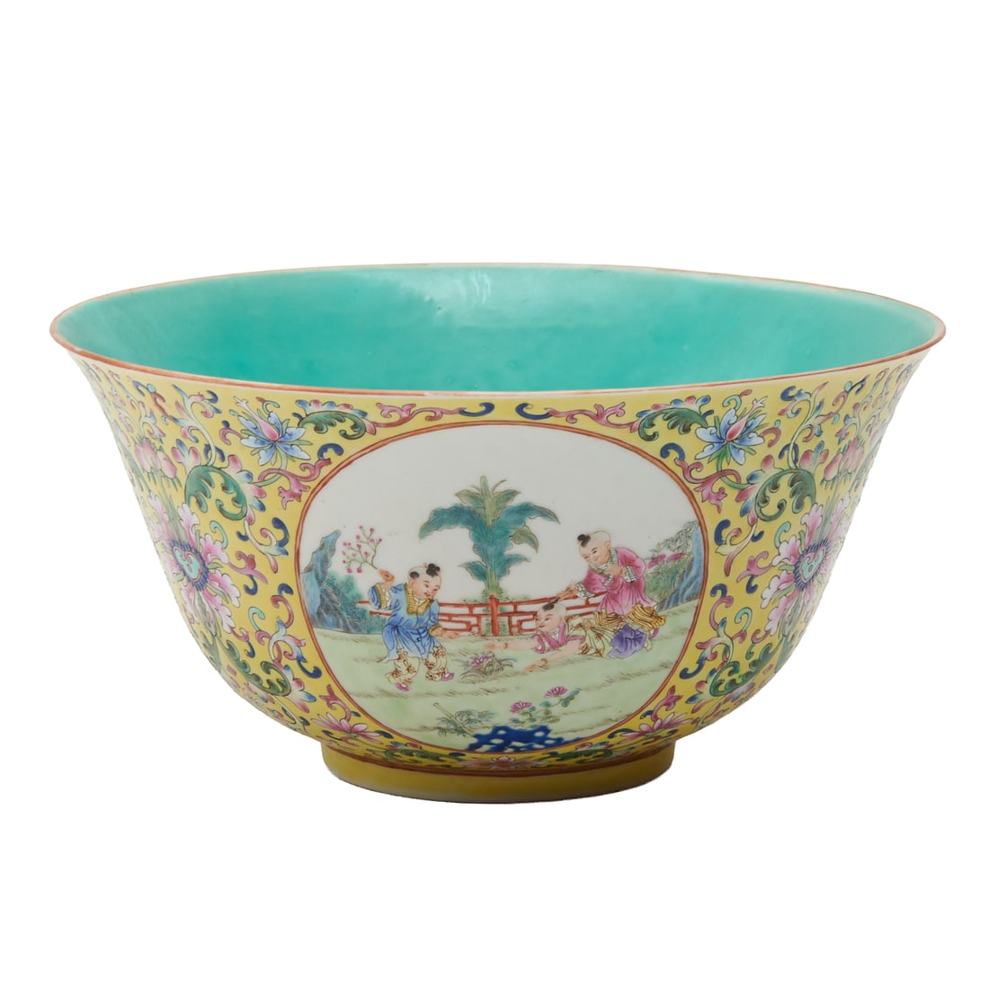 Chinese Famille Rose Bowl: Elegantly molded with an everting rim rising upon a raised slayed foot,;the body decorated with reserves of children in garden on;a yellow floral;ground, the interior and the base painted with turquoi