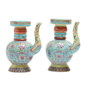Pair of Tibetan Famille Rose Ewers, Penba Hu