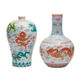 Two Chinese Polychrome Dragon Vases