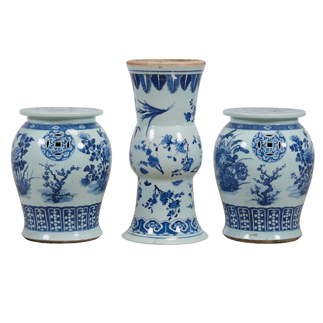 Three Chinese Blue and White Porcelain Stools and Vase (1 of 5)