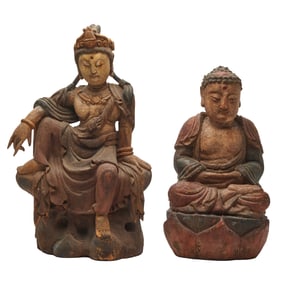 Two Chinese Polychrome Wood Figures
