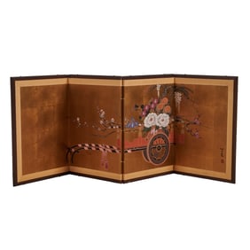 Japanese Floor Panel Byobu, Flower Cart