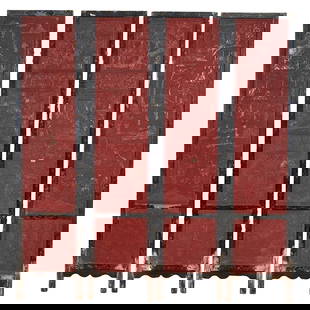 Chinese Four-Panel Cinnabar Floor Screen: Each panel consisted;of an upper section featuring;horizontal rectangular panels carved with warriors engaged in combat scenes on a diaper ground, and a;lower section showcasing;square panels carved w