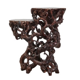 Chinese Carved Wood Two Layered Stand