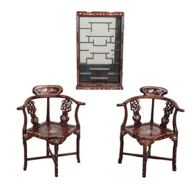 Chinese Mother of Pearl Inlaid Chairs and Cabinet