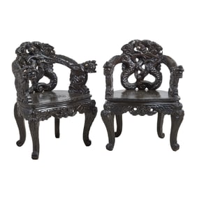 Pair of Japanese Carved Wood Dragon Chairs