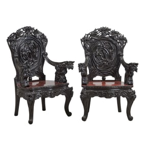 Pair of Japanese Export Carved Wood Armchairs
