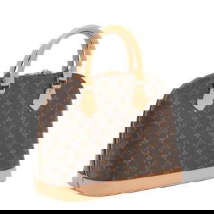 Louis Vuitton Alma BB Monogram Leather Bag.: Louis Vuitton Alma BB Monogram Leather Bag. With two piece optional shoulder strap. {Approximate dimensions including handles but not shoulder strap: 13 3/4" high x 12 3/4" wide x 7 1/8" deep.}.