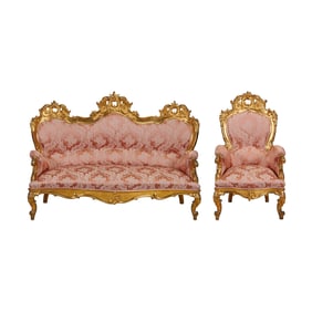 Louis XV Style Giltwood Canape Sofa and Armchair