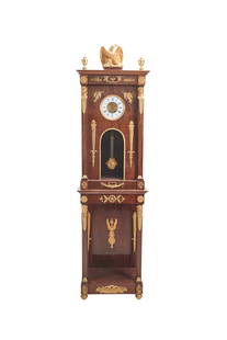Empire Style Mahogany Regulateur Clock: Empire Style Mahogany Regulateur Clock. Mahogany case with gilt bronze mounts, including eagle crown with two urn finials flanking, and caryatid capitals supporting the top section; with Samuel Marti