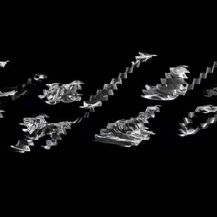 Seven Baccarat Crystal Figures and Heart: Seven Baccarat Crystal Figures and Heart. &nbsp;Comprising Black glass curled up cat, sphinx figure, whale tail figure, dog figure, swan figure, crouched cat figure, heart paperweight in box. &nbsp;{A