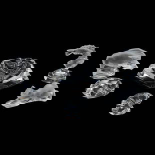 Six Crystal Figures Including Baccarat and Lalique: Six Baccarat and Lalique Crystal Figures.&nbsp; Lalique pieces comprising black satyr mask paperweight, small fish figure on pedestal, boar figure, stretching cat figure; Baccarat piece is seated cat