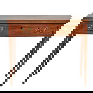 American Federal Mid Atlantic Cherry Inlaid Games Table: American Federal Mid Atlantic Cherry Inlaid Games Table.&nbsp; Rectangular flip-top over single drawer with later brass pulls, all supported on square taper legs; the legs inlaid with rhombuses and fo