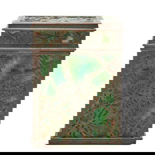 Tiffany Studios Grapevine Double Card Box: Tiffany Studios Grapevine Double Card Box. &nbsp;Bronze body with green slag glass panels, rectangular box with divider to interior. &nbsp;&quot;TIFFANY STUDIOS NEW YORK&quot; impressed mark to interi