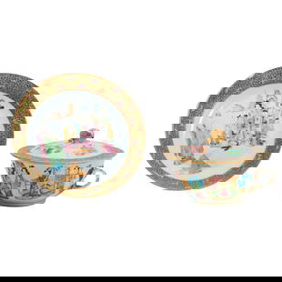 Chinese Export Porcelain Famille Rose Bowl, Cover, and Stand: Chinese Export Porcelain Famille Rose Bowl, Cover, and Stand, a two handled broth bowl, cover and stand, the body with applied entwined branch form handles terminating in gilt leaves, the cover with f