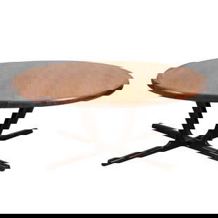 Interform Collection Danish Modern Walnut Dining Table: Interform Collection Danish Modern&nbsp;Dining Table.&nbsp; Oval walnut&nbsp;top raised on four mahogany&nbsp;&quot;L&quot; supports meeting each other at right angles to form the splayed base.&nbsp;