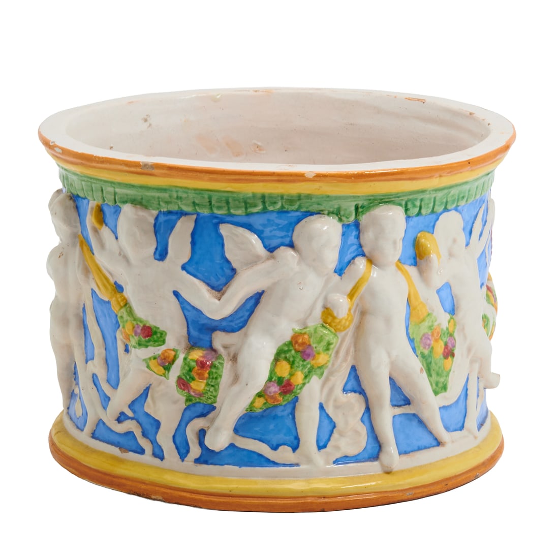 Italian Majolica Della Robbia Planter: Italian Majolica Della Robbia Planter, the cylindrical body modelled in Renaissance style with bas relief figures of putti holding hands and forming a ring, with a garland of flowers joining the figur