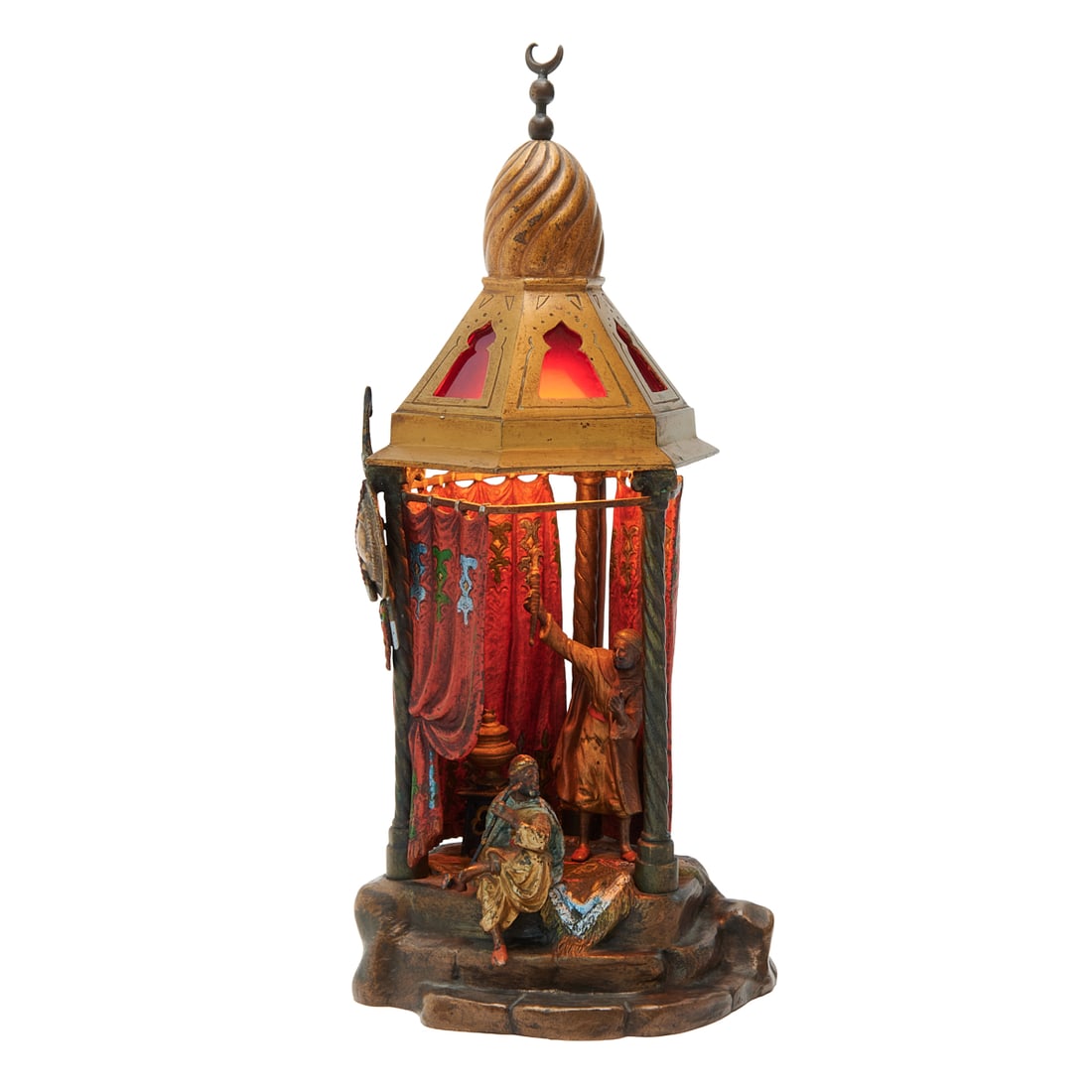 Franz Bergmann Cold Painted Bronze Lamp: Franz Bergmann Cold Painted Bronze Lamp. Two figures under gazebo with curtains; one smoking a long pipe, the other with dagger, shield and rifle to exterior. With amphora B mark