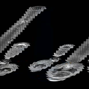 Six Lalique Crystal Table Articles: Six Lalique Crystal Table Articles. &nbsp;Comprising Daffodil vase, &quot;Tete de Lion&quot; cigarette holder and ashtray, cigarette holder with spiral pattern, pair of bird motif nut cups. &nbsp;All