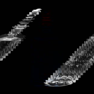 Harald Nielsen for Georg Jensen "Pyramid" Decanter #206: Harald Nielsen for Georg Jensen "Pyramid" Decanter #206. Cylindrical cut crystal decanter, everted mouth, sterling silver stopper with ball finial on stepped platform. Marks to stopper underside rim,