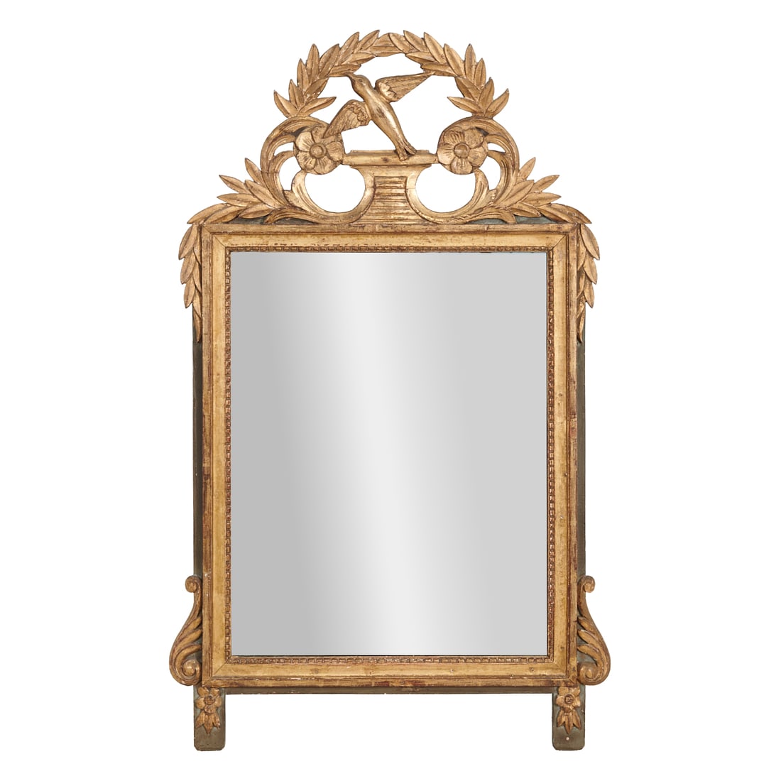 Louis XV Style Carved Giltwood Wall Mirror: Louis XV Style Carved Giltwood Wall Mirror. Crowned with bird on pedestal beneath foliate swag, flanked by foliate scrolls terminating in flowers, similar carvings to lower edges. {Approxi